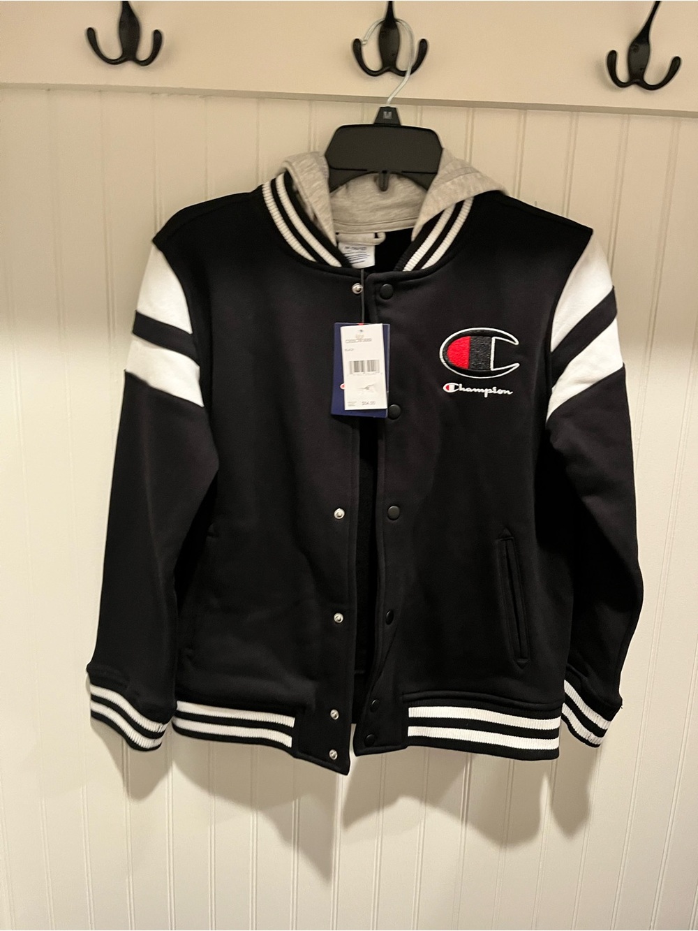 Champion Kids Black & White Varsity Jacket with Hood size 10/12 New!